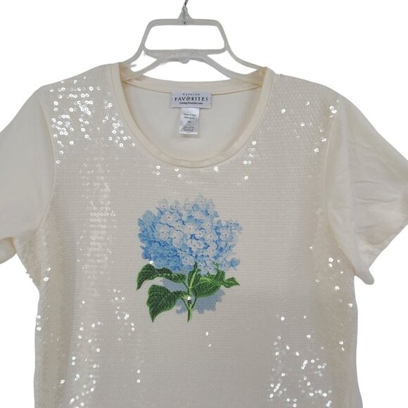 Catalog Favorites Short Sleeve Sequin Top Cream Floral Size L coastal grandma - Picture 3 of 7